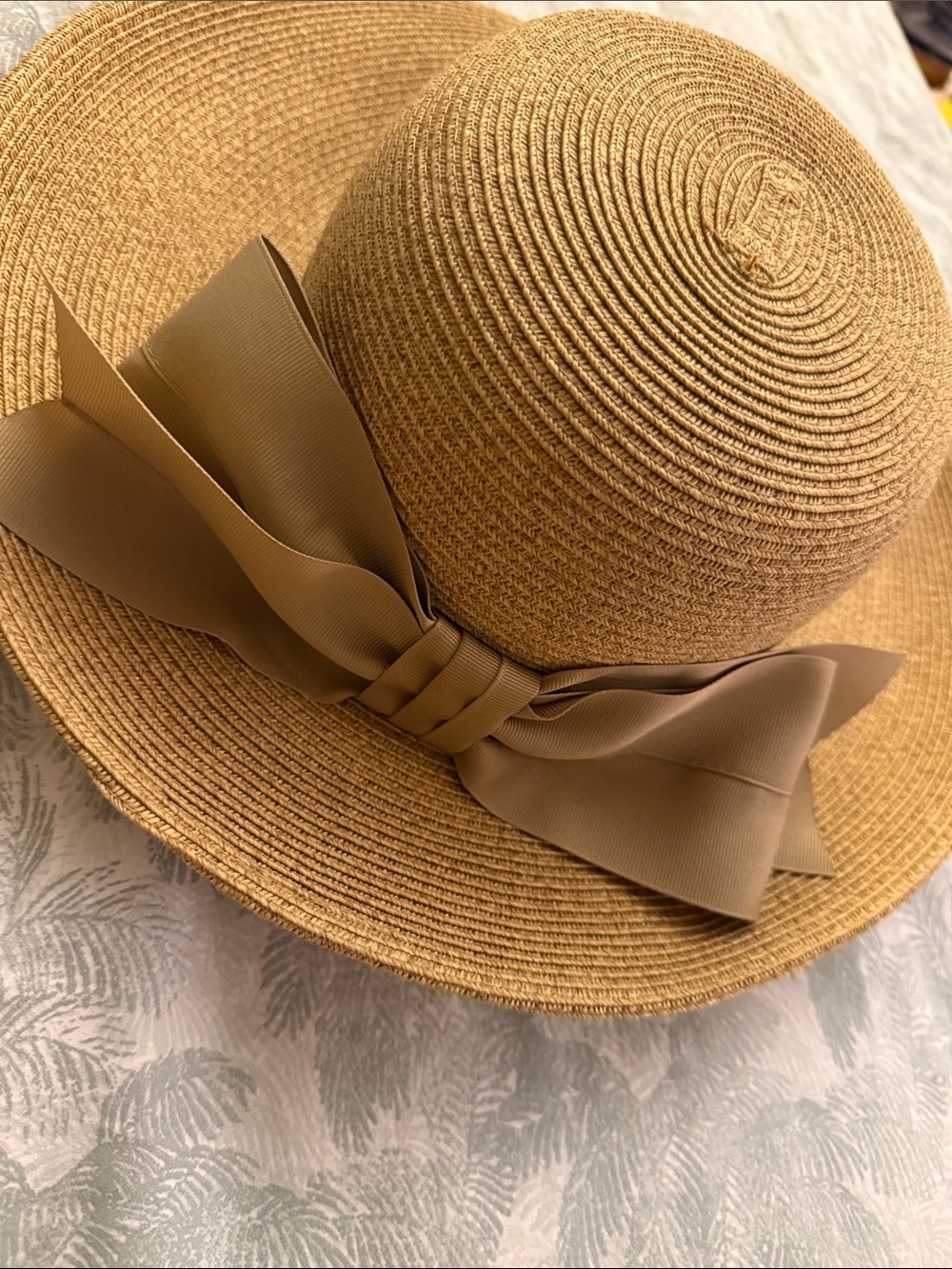 Wide Brim Straw Sun Hat with Bow - Tan